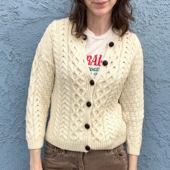 Irish Wool Cardigan Vintage Fishermans Sweater In Kids XL Womens Petite XS - Picture 1 of 9